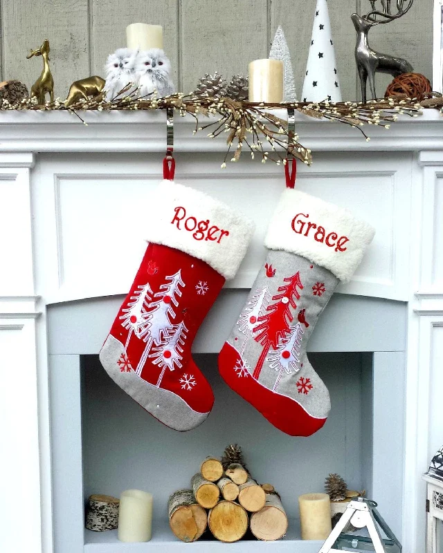 Whimsical Nordic Wool / Felt Stocking with Scandinavian Forest Trees Personalized Monogram or Name Red Grey White Christmas Stockings