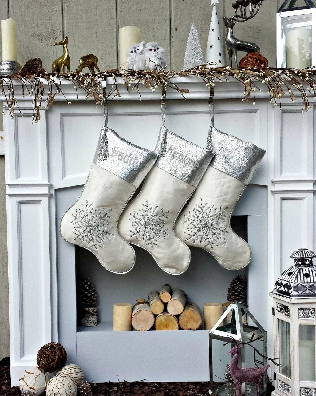 Silver Off White Christmas Stockings -  20" with silver metallic snowflake and tassel beads Christmas stocking Embroidered Custom