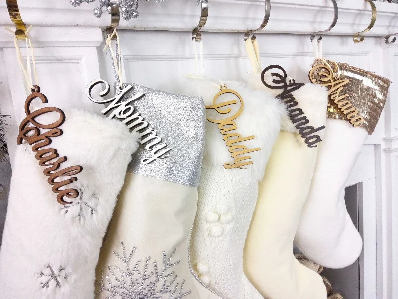 Christmas Stocking Name Tags Personalized Stocking Wood Letters Custom Gold White Name Tags Christmas Rustic Country Farmhouse cutout Modern