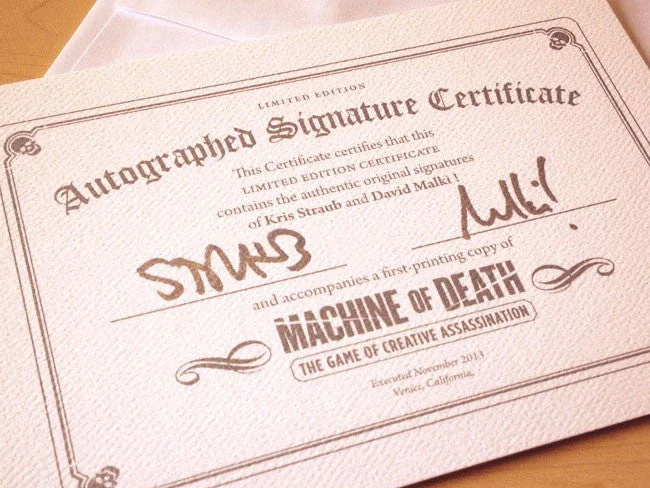 Machine of Death Game Signature Certificate