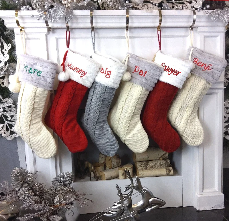 Cable Knit Personalized Christmas Stockings - Plush Top & Pom Poms Name Embroidered - Red White Grey Bone Xmas Decor Family 2019