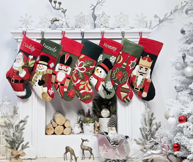 Whimsical Nutcracker or Cute Snowman Tufted Velvet Children's Christmas Stockings Embroidered and Personalized with Names Family Heirloom