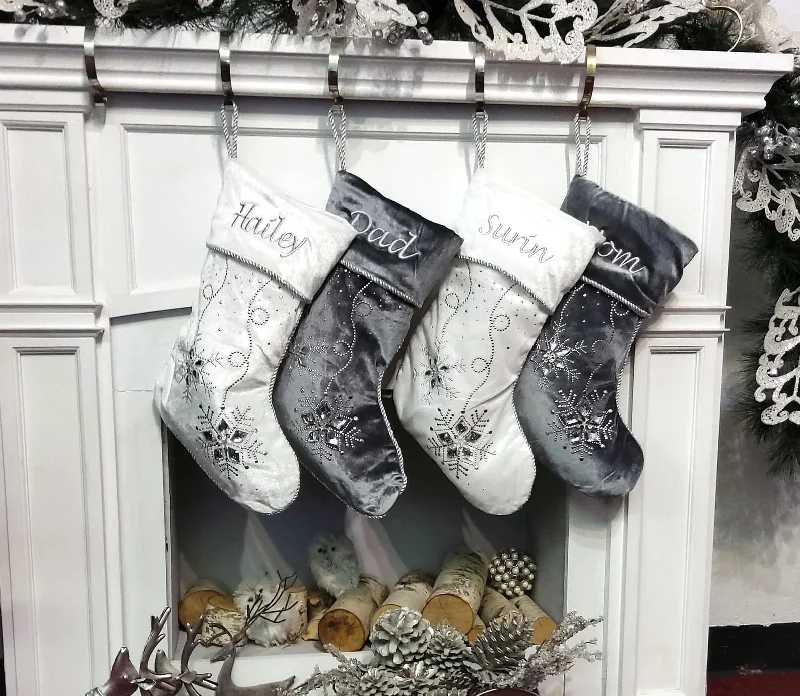 Personalized Christmas Stockings - Silver White Velvet 20" with ICE crystal gems Christmas Stocking Embroidered with Names Velvet Stockings