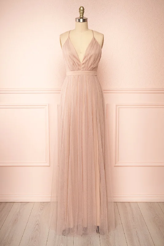 Ilaria Taupe | Tulle Gown with Plunging Neckline