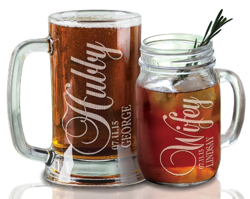 Anniversary Gifts 16 Oz Hubby Wifey Beer Mugs Mason Jars Wedding Personalized Gift Idea for Him Her Couple Parents Men Women 25th 50th 30th