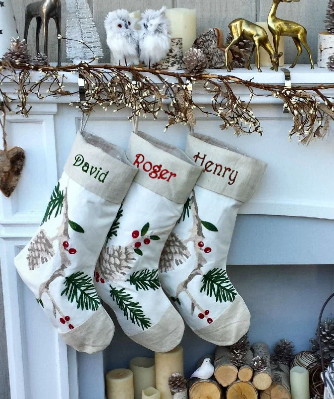 White Christmas Stockings Canvas Linen Natural Pine Cone Branch Elegant Rice Stitch Design Embroidered Rustic Woodland White Christmas Look