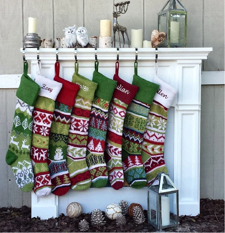 Personalized Knitted Christmas Stockings Red Green White