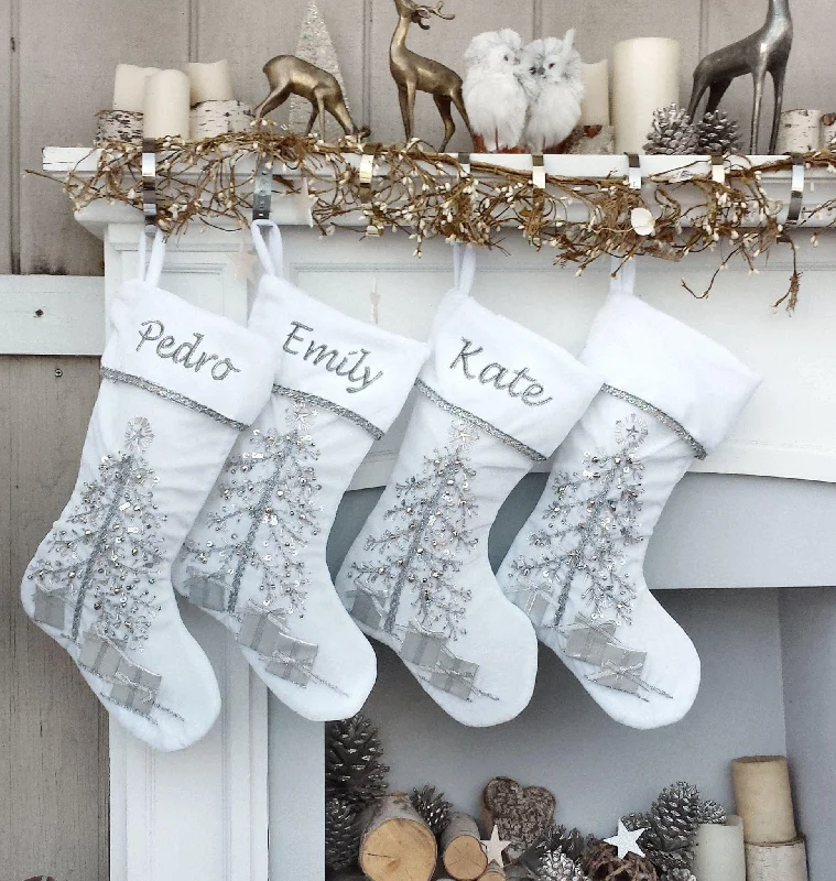 18.5" Personalized Christmas Stockings Silver White Velvet silver ribbon bead work Christmas stocking embroidered names velvet stockings