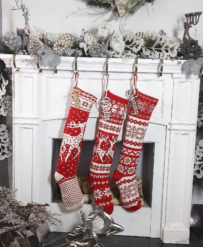 Knit Christmas Stockings - Red White - Reindeer or Snowflake Design Scandinavian Nordic Modern Holiday Theme Minimalist Look Custom  Long