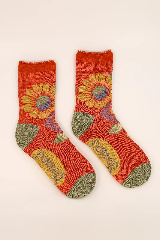 Powder Ladies Bamboo Cotton Knit Socks - Vintage Flora Tangerine